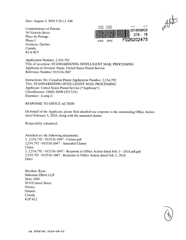Document de brevet canadien 2554792. Modification 20180803. Image 1 de 8
