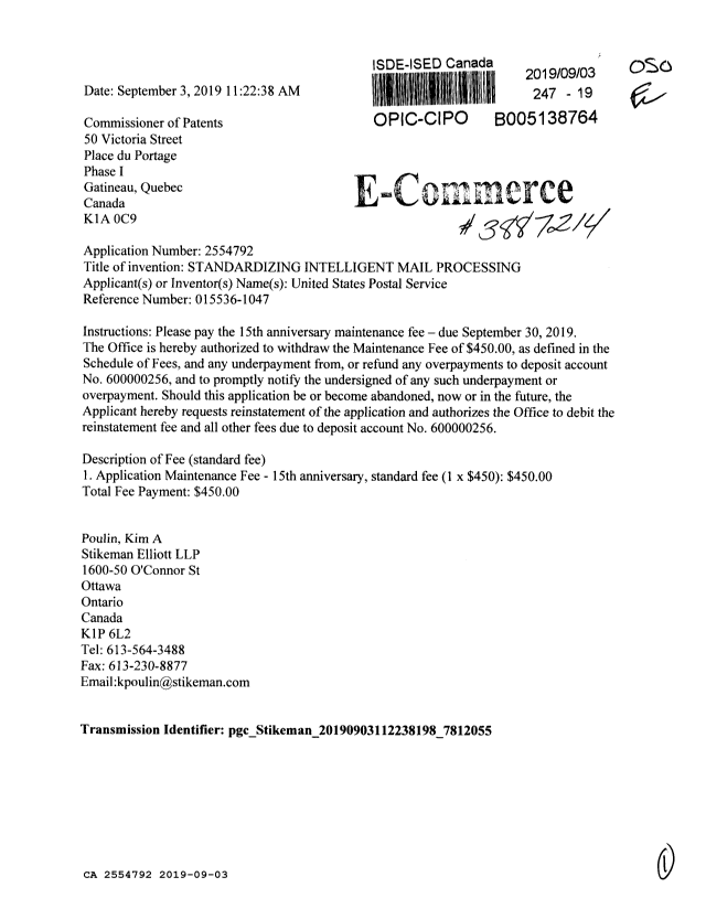 Canadian Patent Document 2554792. Maintenance Fee Payment 20190903. Image 1 of 1