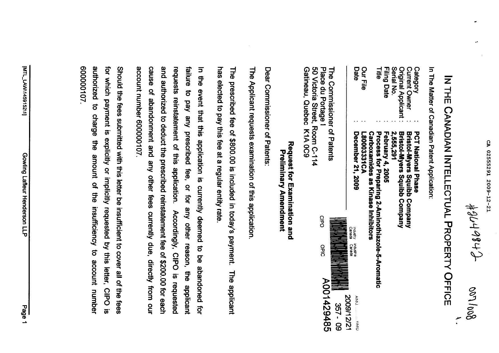 Document de brevet canadien 2555291. Poursuite-Amendment 20081221. Image 1 de 6