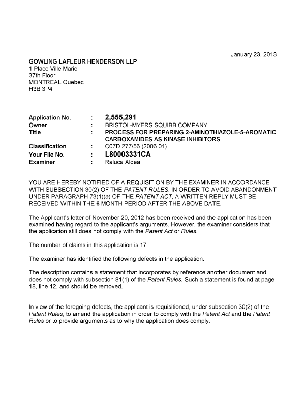 Document de brevet canadien 2555291. Poursuite-Amendment 20130123. Image 1 de 2