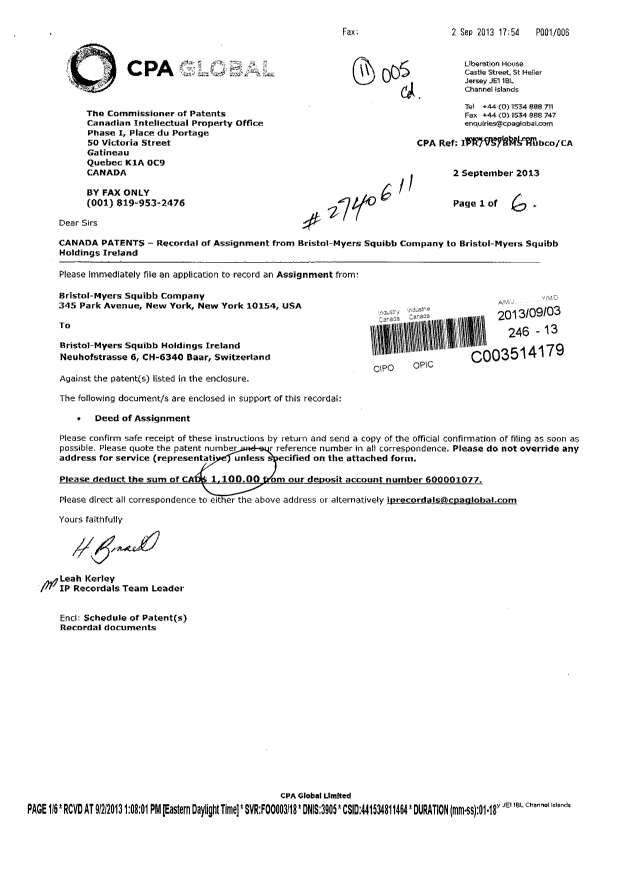 Document de brevet canadien 2555291. Cession 20130903. Image 1 de 6