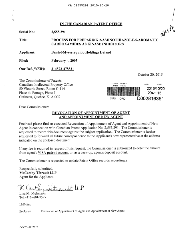 Canadian Patent Document 2555291. Correspondence 20141220. Image 1 of 2