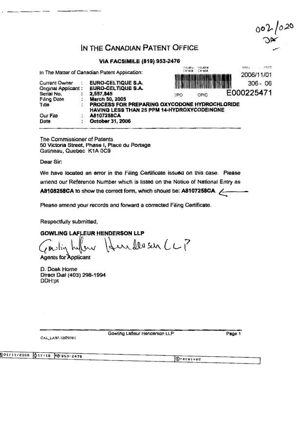 Canadian Patent Document 2557845. Correspondence 20061101. Image 1 of 1