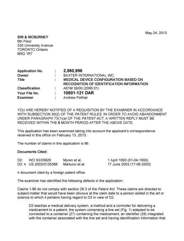 Document de brevet canadien 2560996. Poursuite-Amendment 20121224. Image 1 de 4