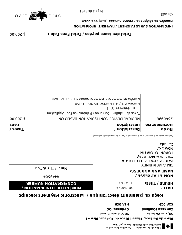 Document de brevet canadien 2560996. Taxes 20131203. Image 1 de 1