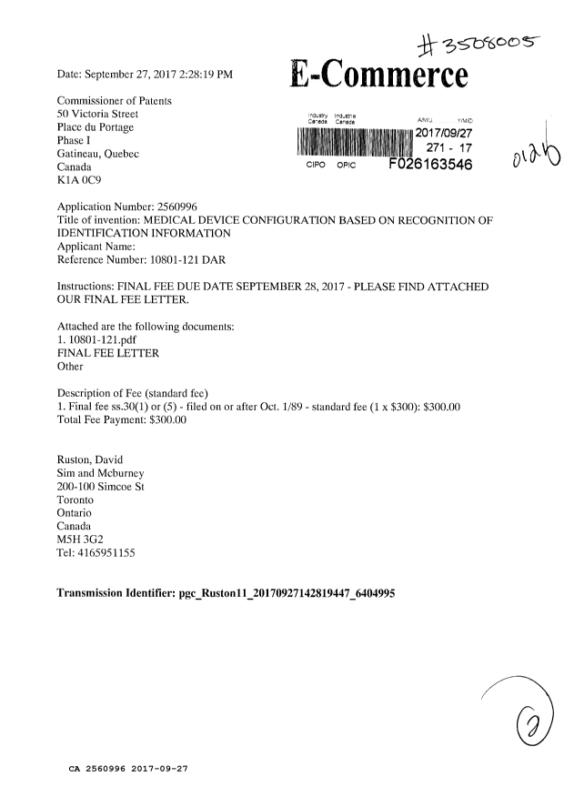 Document de brevet canadien 2560996. Correspondance 20161227. Image 1 de 2