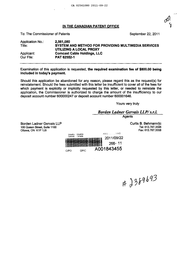 Document de brevet canadien 2561080. Poursuite-Amendment 20101222. Image 1 de 1