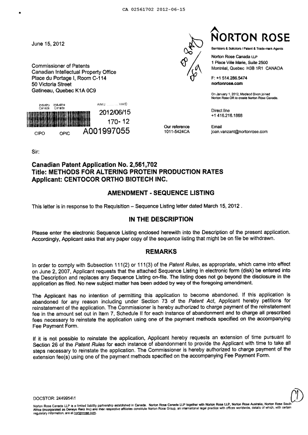 Document de brevet canadien 2561702. Poursuite-Amendment 20111215. Image 1 de 2