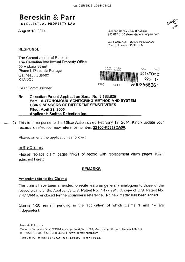 Canadian Patent Document 2563825. Prosecution-Amendment 20131212. Image 1 of 8