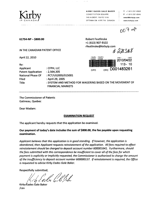 Document de brevet canadien 2564305. Poursuite-Amendment 20100422. Image 1 de 1