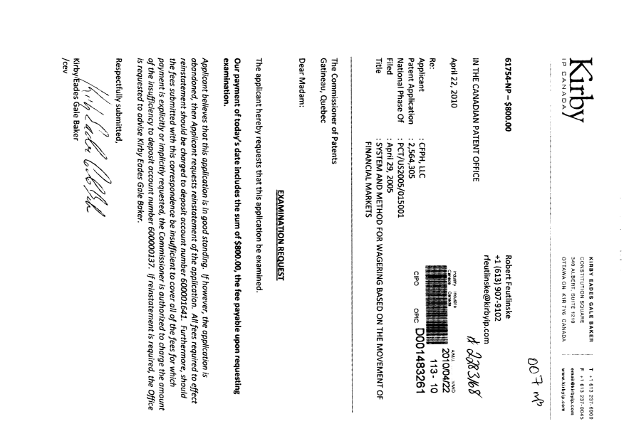 Document de brevet canadien 2564305. Poursuite-Amendment 20100422. Image 1 de 1
