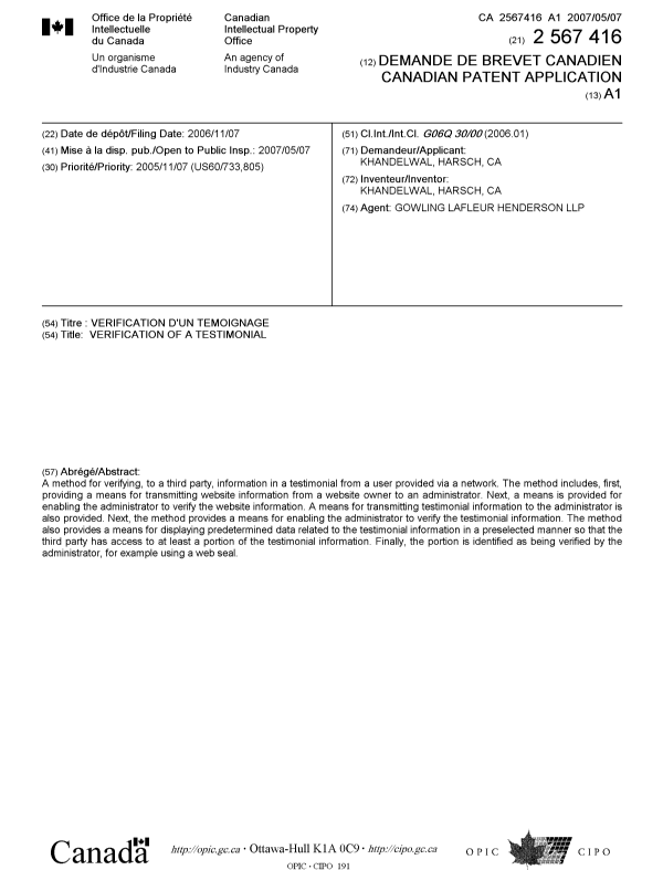 Document de brevet canadien 2567416. Page couverture 20070430. Image 1 de 1