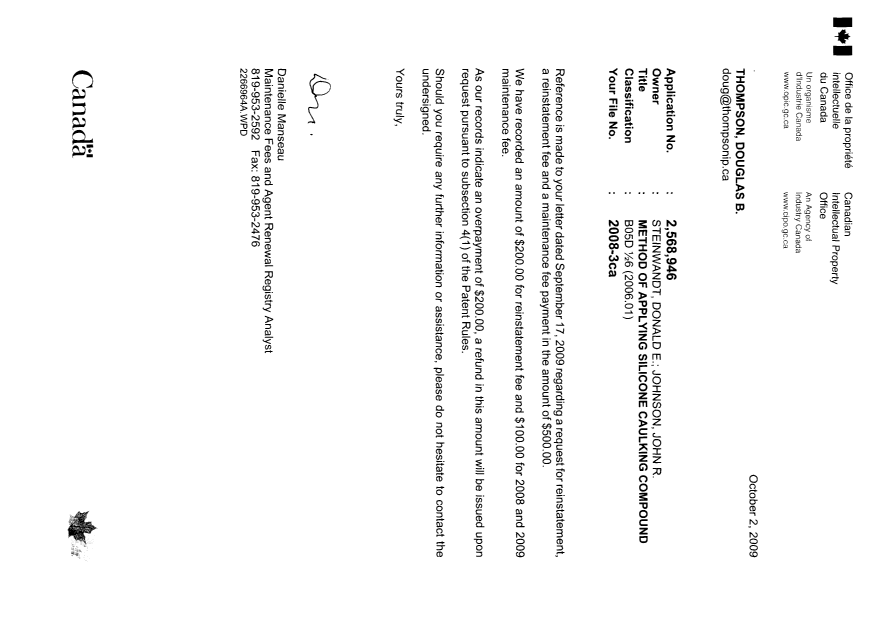 Document de brevet canadien 2568946. Correspondance 20081202. Image 1 de 1