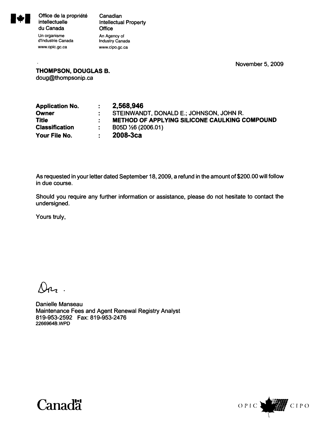 Document de brevet canadien 2568946. Correspondance 20081205. Image 1 de 1