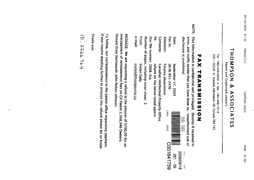 Canadian Patent Document 2568946. Correspondence 20081218. Image 1 of 3