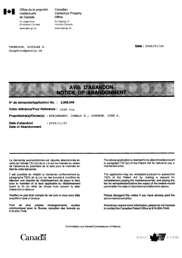 Canadian Patent Document 2568946. Correspondence 20081222. Image 1 of 1