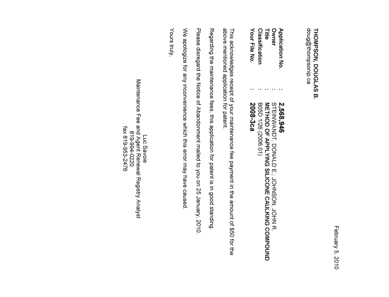 Document de brevet canadien 2568946. Correspondance 20091205. Image 1 de 1