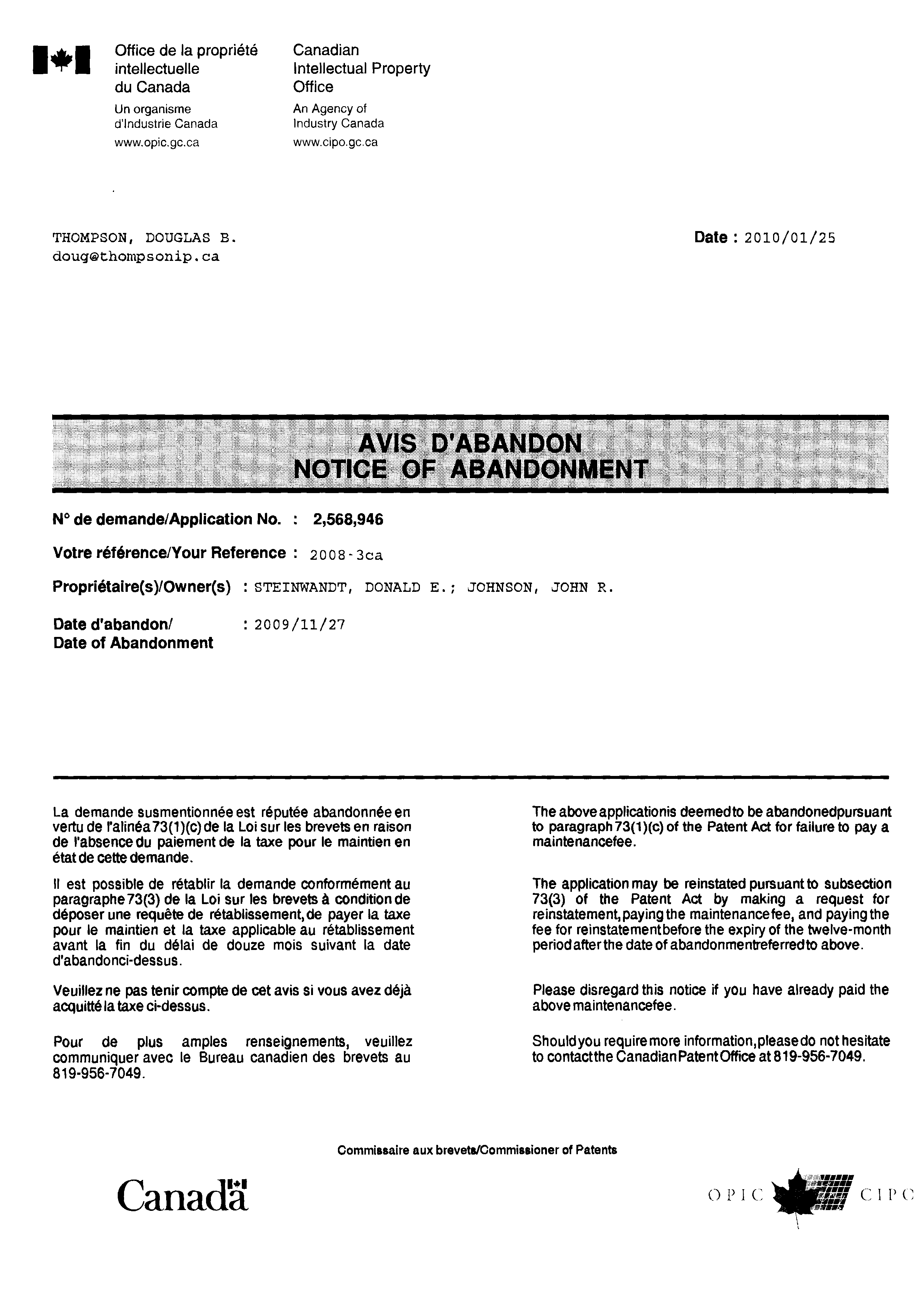 Document de brevet canadien 2568946. Correspondance 20091225. Image 1 de 1