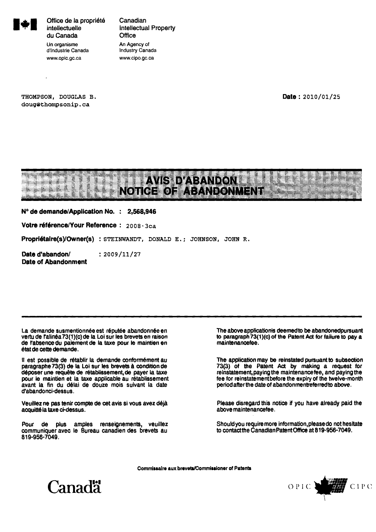 Canadian Patent Document 2568946. Correspondence 20091225. Image 1 of 1