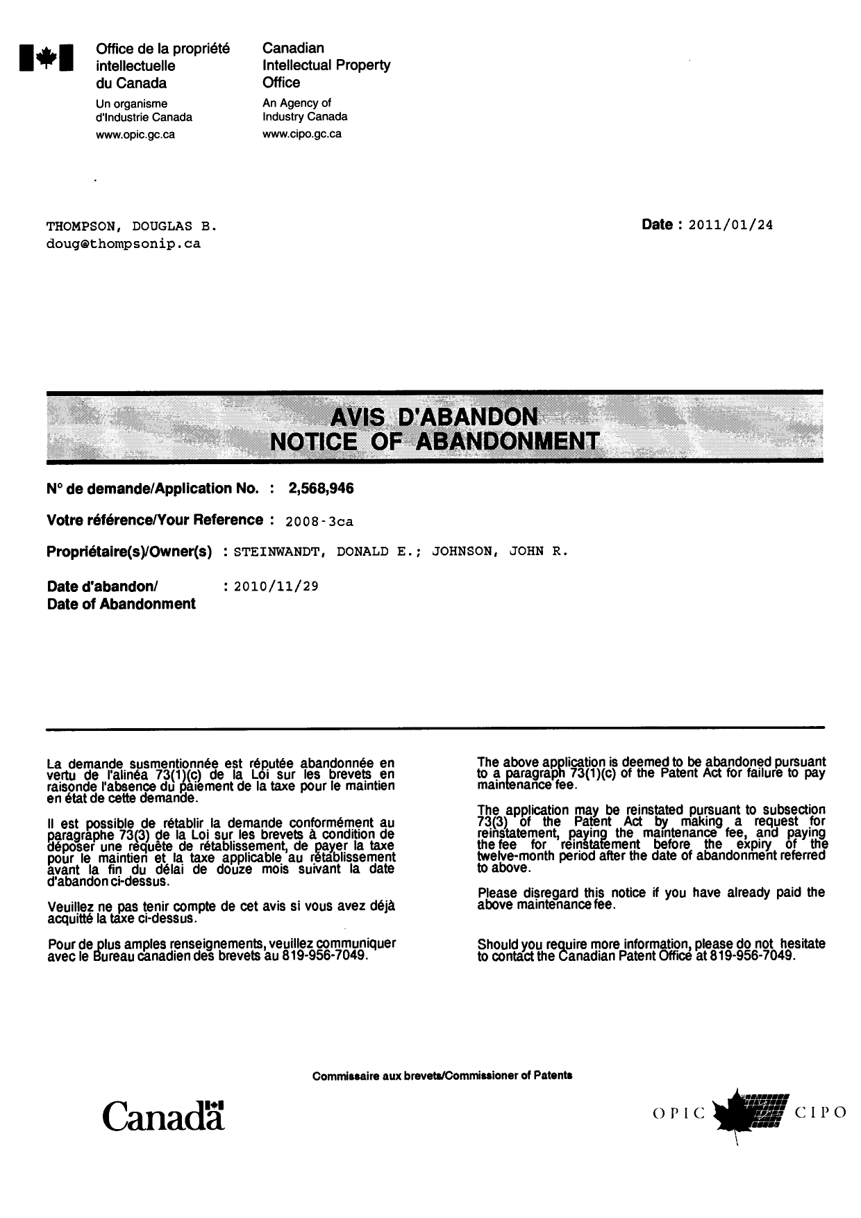 Canadian Patent Document 2568946. Correspondence 20101224. Image 1 of 1