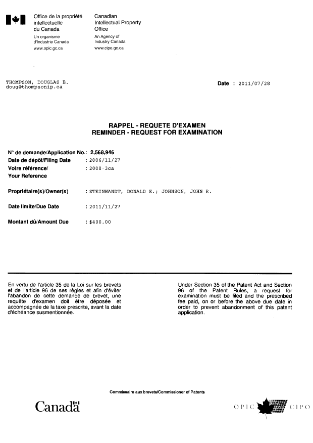Document de brevet canadien 2568946. Correspondance 20101228. Image 1 de 1