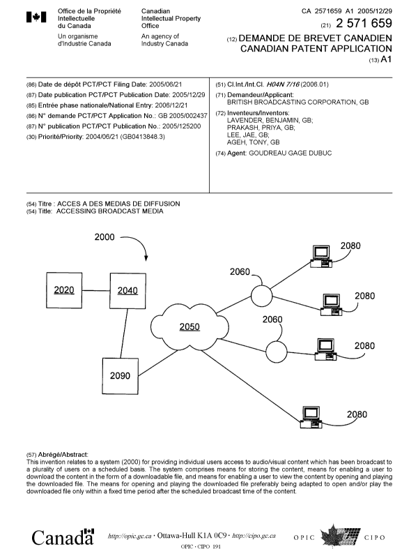 Document de brevet canadien 2571659. Page couverture 20061227. Image 1 de 1