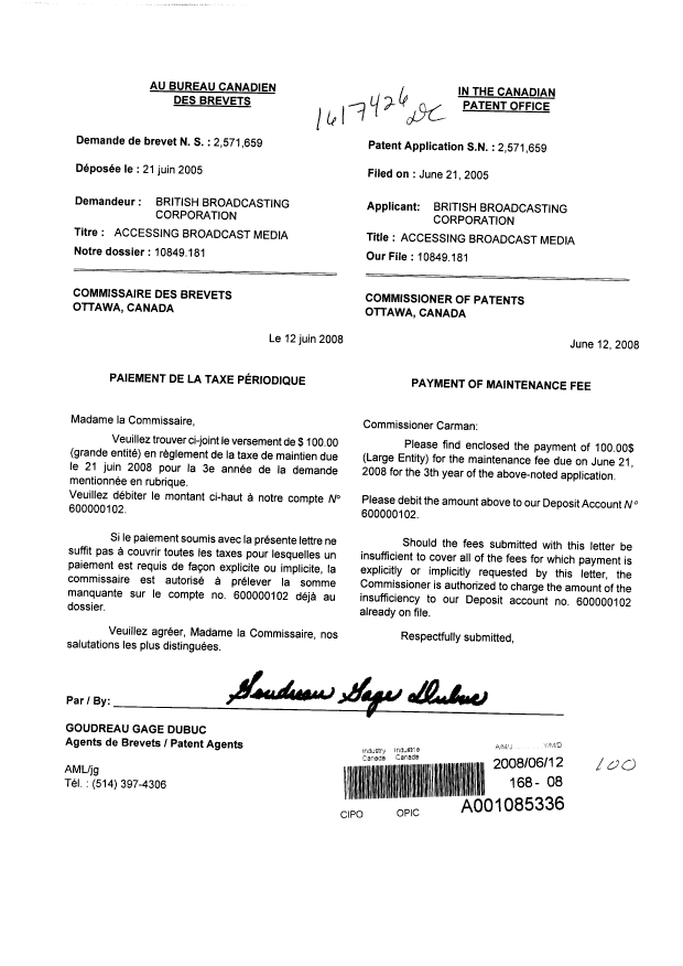 Document de brevet canadien 2571659. Taxes 20071212. Image 1 de 1