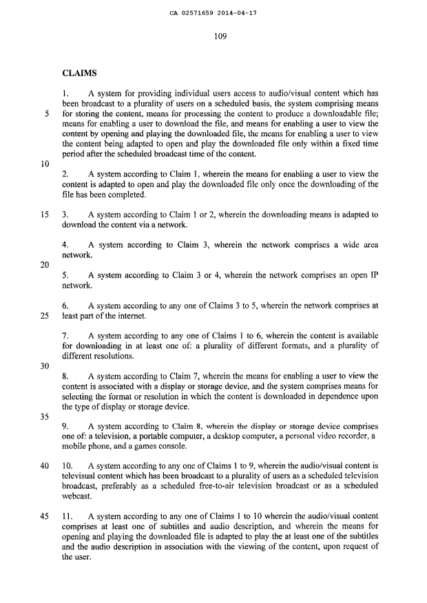 Document de brevet canadien 2571659. Revendications 20141209. Image 1 de 4