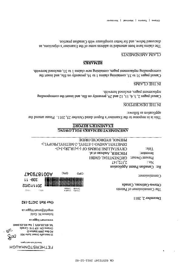 Canadian Patent Document 2572147. Prosecution-Amendment 20101202. Image 1 of 14