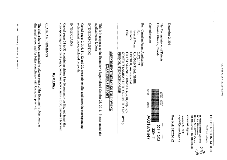 Canadian Patent Document 2572147. Prosecution-Amendment 20101202. Image 1 of 14
