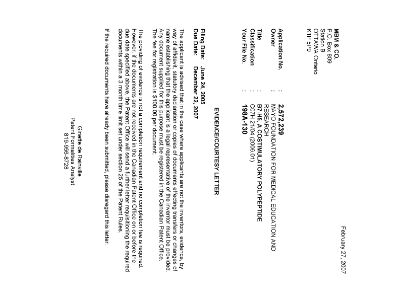 Document de brevet canadien 2572239. Correspondance 20061222. Image 1 de 1