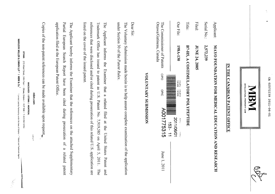 Document de brevet canadien 2572239. Poursuite-Amendment 20110601. Image 1 de 2