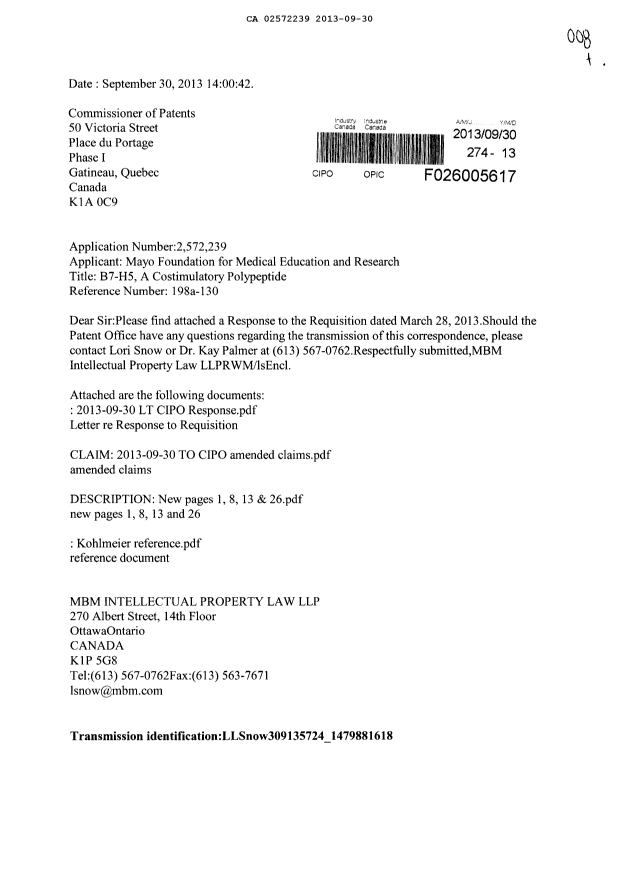 Document de brevet canadien 2572239. Poursuite-Amendment 20121230. Image 1 de 24