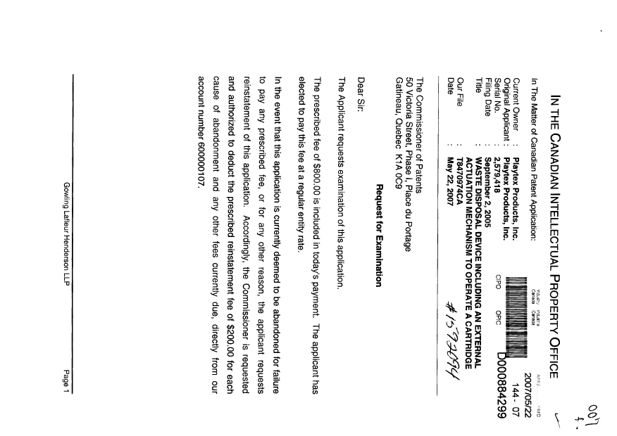 Canadian Patent Document 2579418. Prosecution-Amendment 20070522. Image 1 of 2