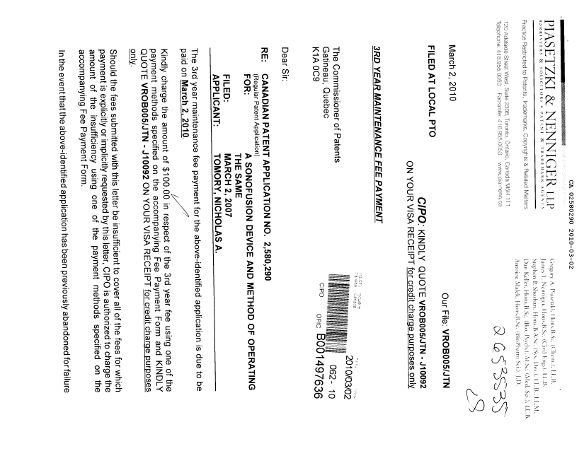 Canadian Patent Document 2580290. Fees 20091202. Image 1 of 2