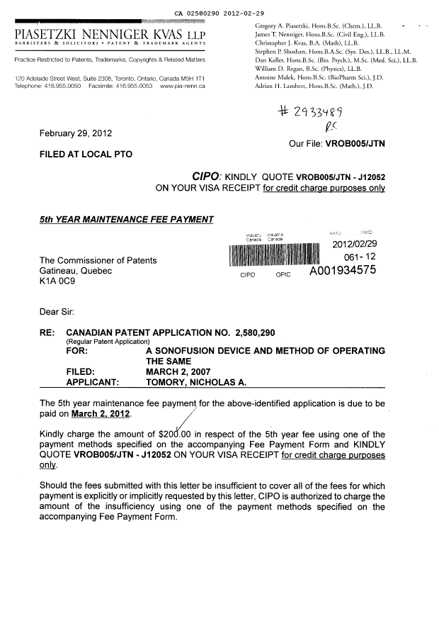 Document de brevet canadien 2580290. Taxes 20120229. Image 1 de 2