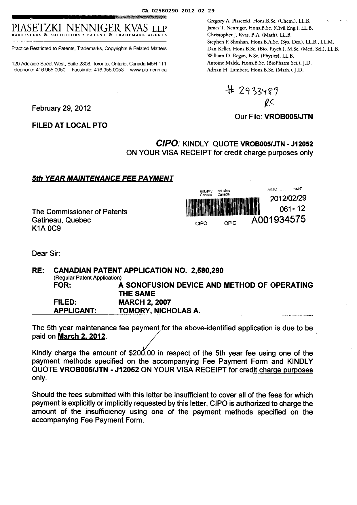 Canadian Patent Document 2580290. Fees 20120229. Image 1 of 2
