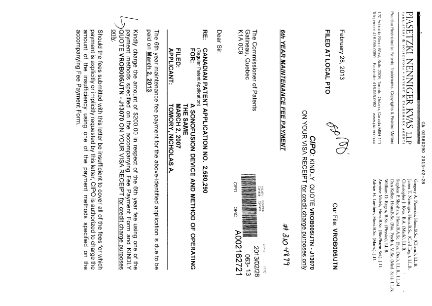 Canadian Patent Document 2580290. Fees 20130228. Image 1 of 2