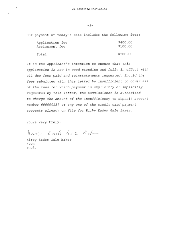 Document de brevet canadien 2582376. Cession 20061230. Image 2 de 4