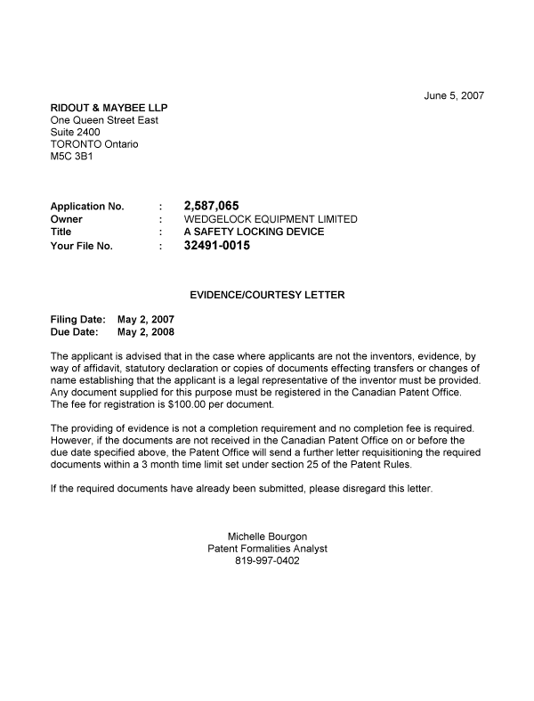 Canadian Patent Document 2587065. Correspondence 20070530. Image 1 of 1