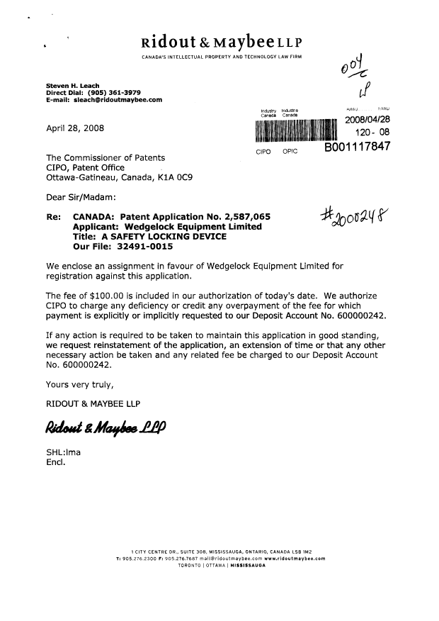 Canadian Patent Document 2587065. Assignment 20071228. Image 1 of 4