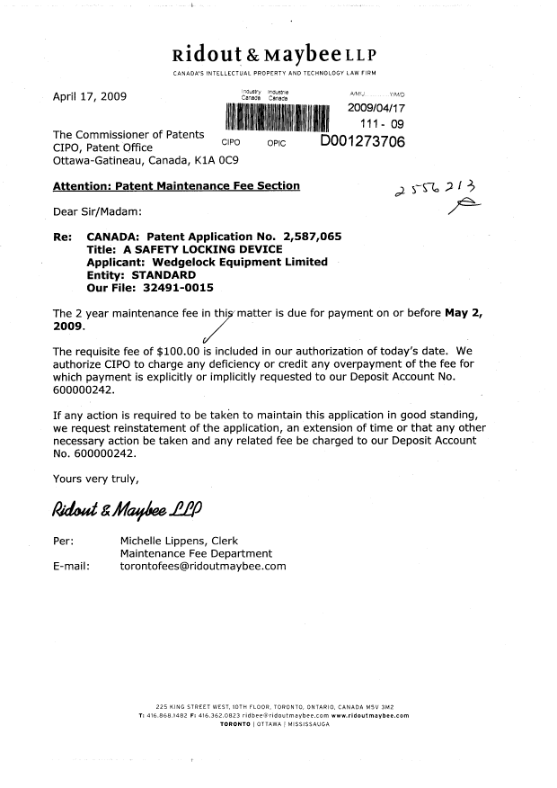 Canadian Patent Document 2587065. Fees 20090417. Image 1 of 1