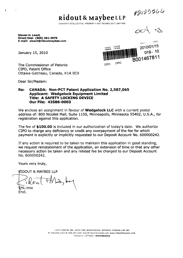 Document de brevet canadien 2587065. Cession 20091215. Image 1 de 6