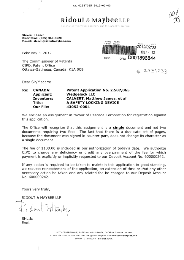 Canadian Patent Document 2587065. Assignment 20120203. Image 1 of 6