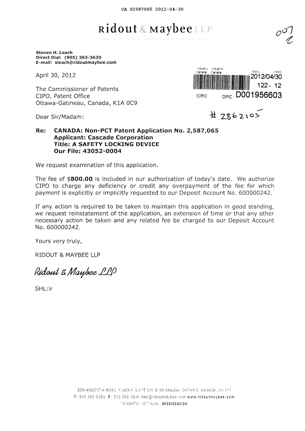 Canadian Patent Document 2587065. Prosecution-Amendment 20120430. Image 1 of 1