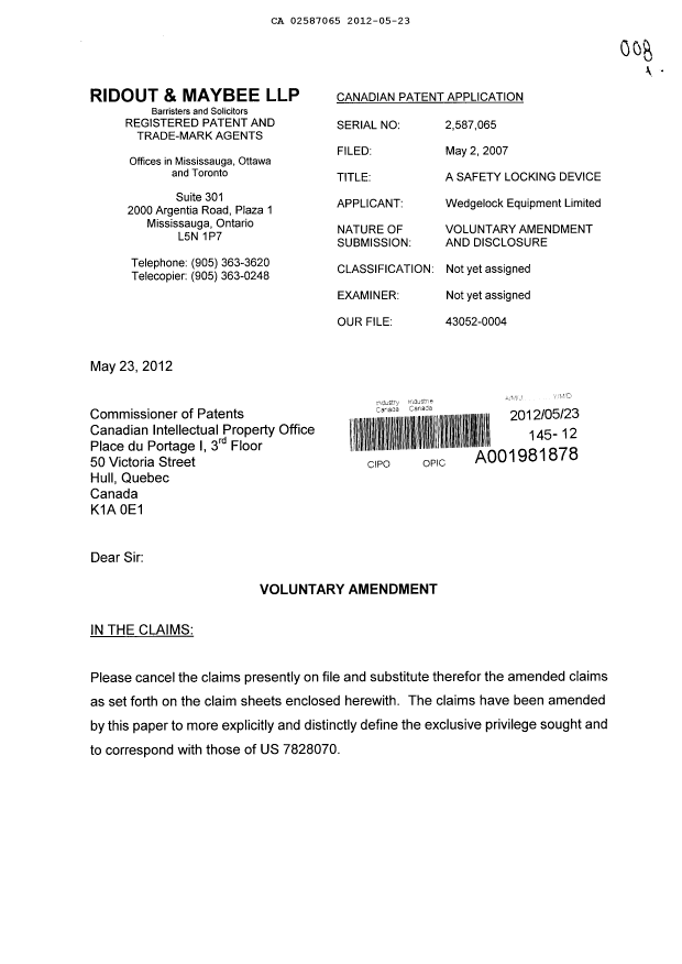 Canadian Patent Document 2587065. Prosecution-Amendment 20120523. Image 1 of 5