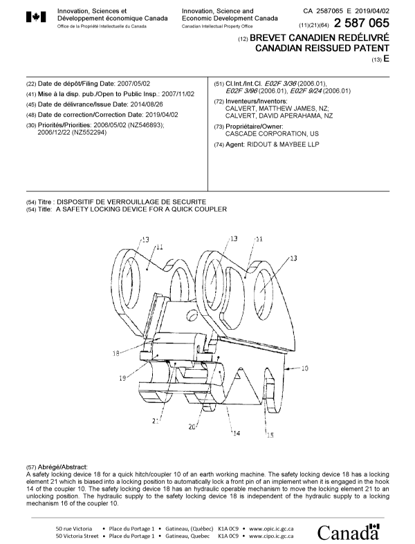 Canadian Patent Document 2587065. Cover Page 20190313. Image 1 of 1