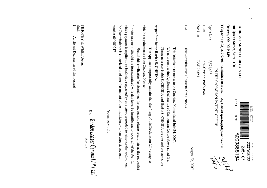Document de brevet canadien 2591498. Correspondance 20061222. Image 1 de 2