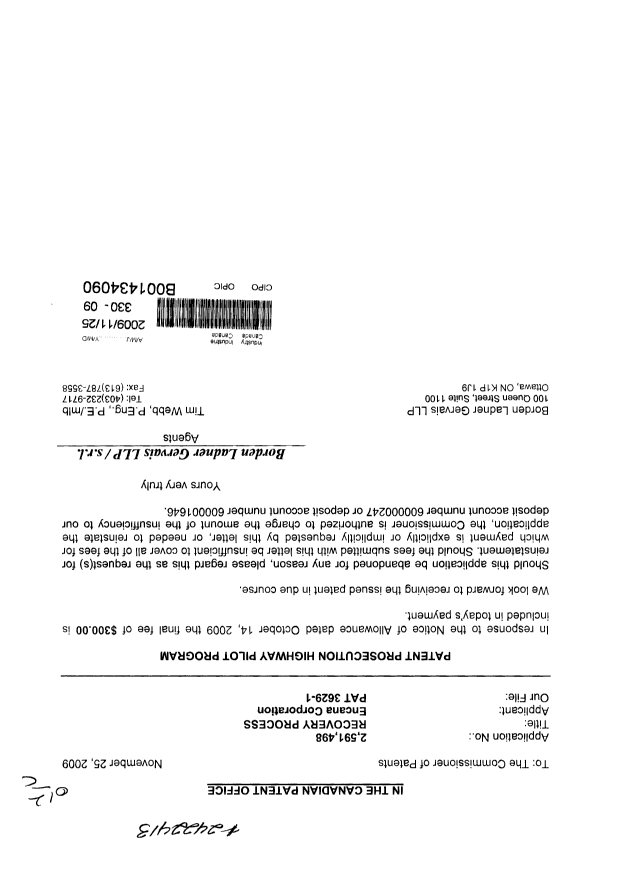 Canadian Patent Document 2591498. Correspondence 20081225. Image 1 of 1