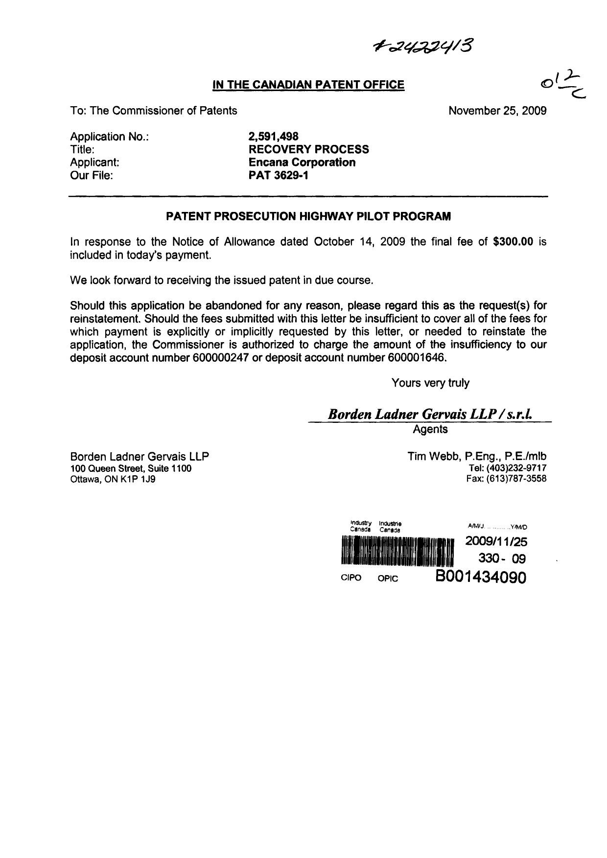 Document de brevet canadien 2591498. Correspondance 20081225. Image 1 de 1